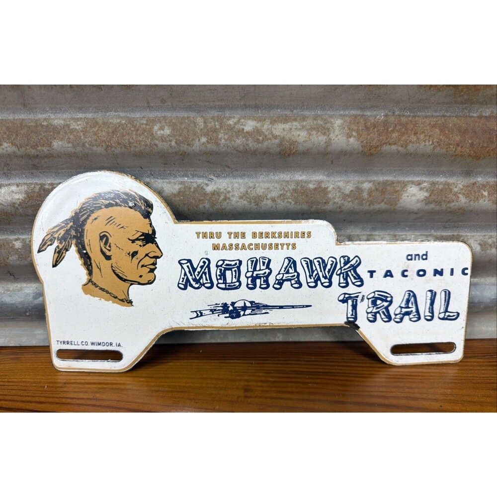 Mohawk Trail Plate Topper Indian Taconic Gas Oil 10" Porcelain Sign